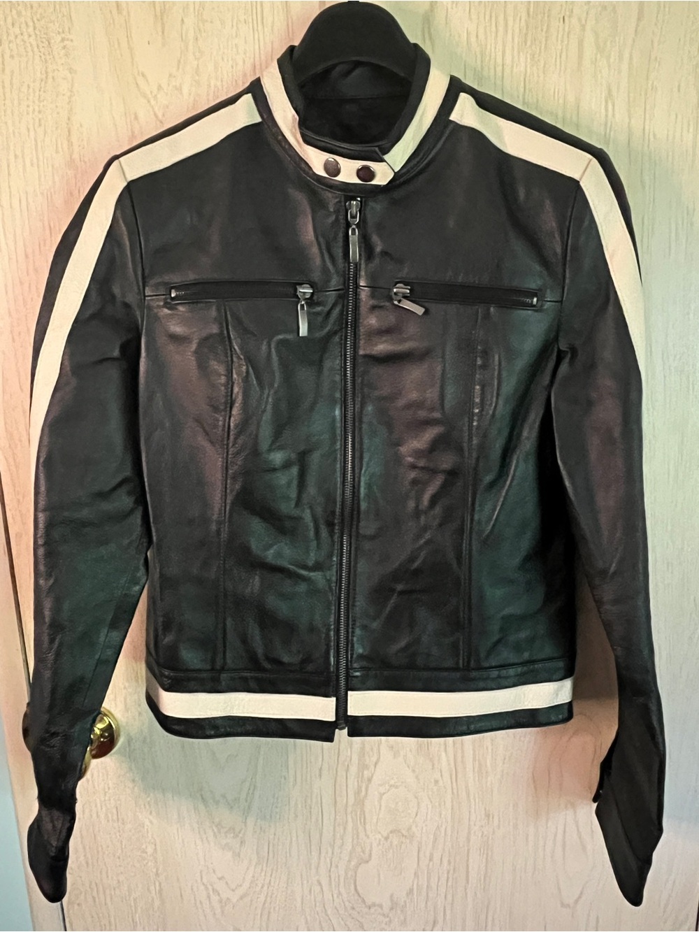 Vintage FOREVER 21 Faux Leather Moto Racing Jacket Stripe Accent Sz Small